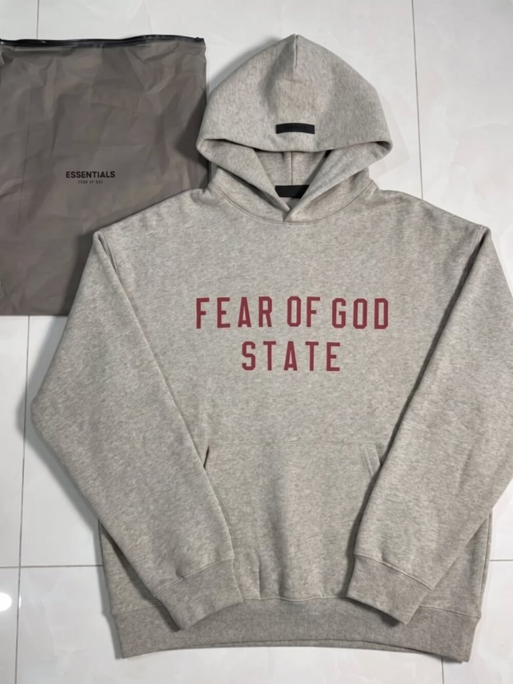 Essentials Fear Of God Dark Heather Hoodie, Fear Of God State - RED LOGO